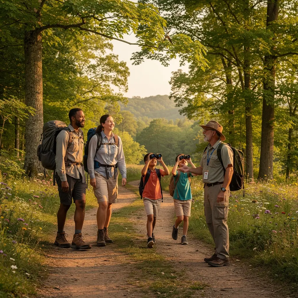 Rodzina zwiedzająca muzeum z przewodnikiem.