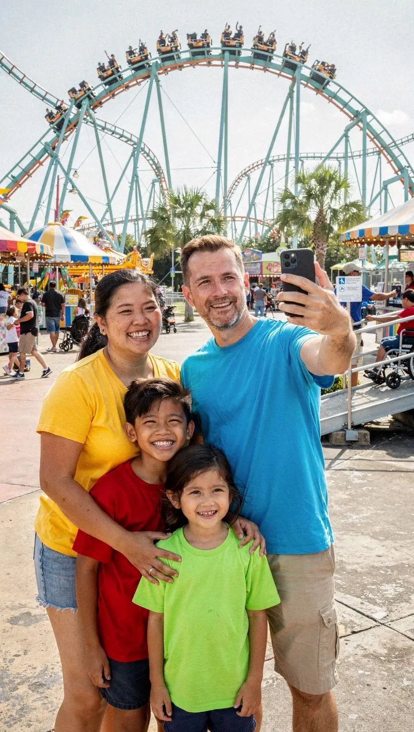 Rodzina odpoczywająca na tarasie widokowym z pięknym widokiem.