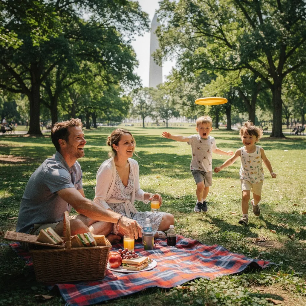Widok na stół piknikowy, przy którym rodzina odpoczywa podczas podróży.